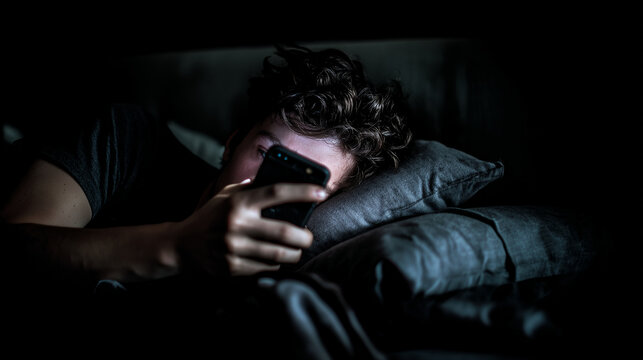 Young man scrolling endlessly through his phone in a dark bedroom ,depression, young men in his bed, teen watching in his phone in the dark, teen hiding his head under the pillow,
