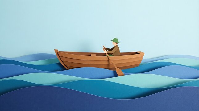 Creative papercraft illustration of a man rowing a wooden boat through layered blue paper waves.
