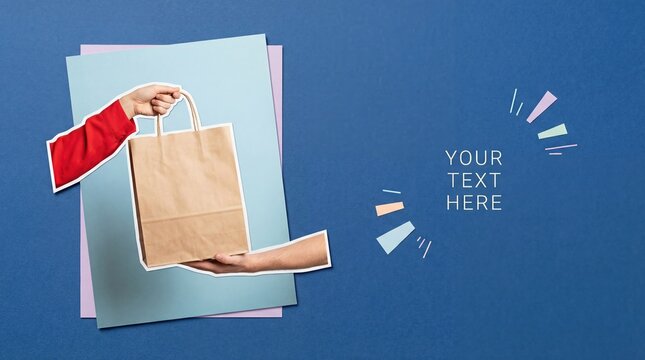 Creative collage of hands holding a paper shopping bag on a blue background with copy space for text.