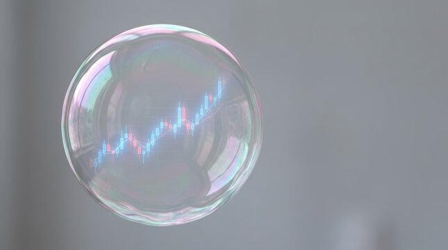 Conceptual image of a financial stock market chart inside a fragile soap bubble representing an economic crisis.
