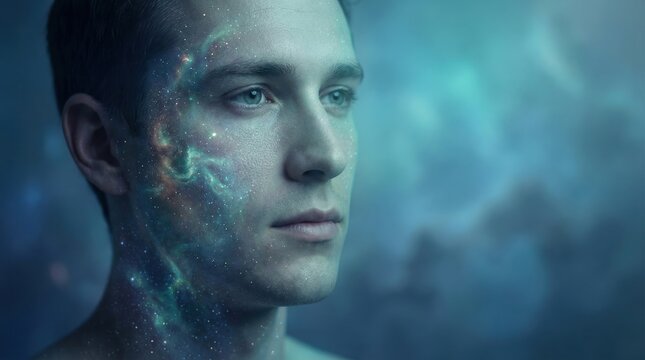 Conceptual portrait of a man with a galaxy and nebula reflecting on his face representing cosmic consciousness.