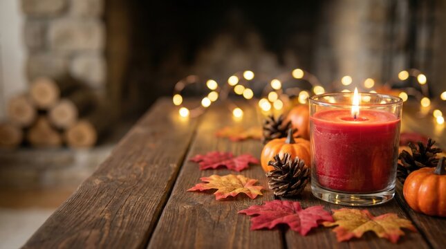 Cozy autumn still life with a red scented candle, mini pumpkins and fall leaves on a rustic wooden table.