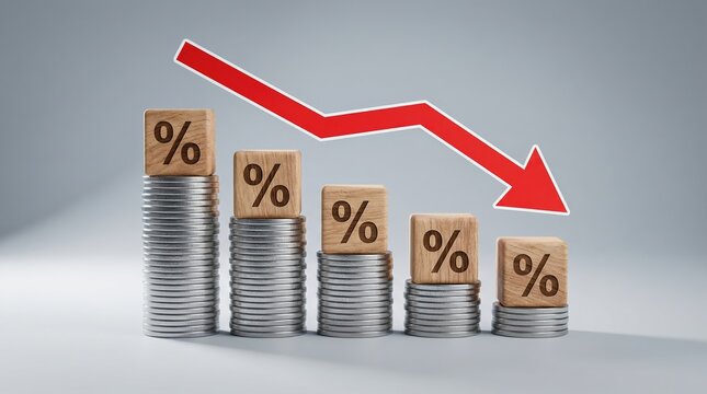 Conceptual image of falling interest rates with stacks of coins and a red arrow pointing down.