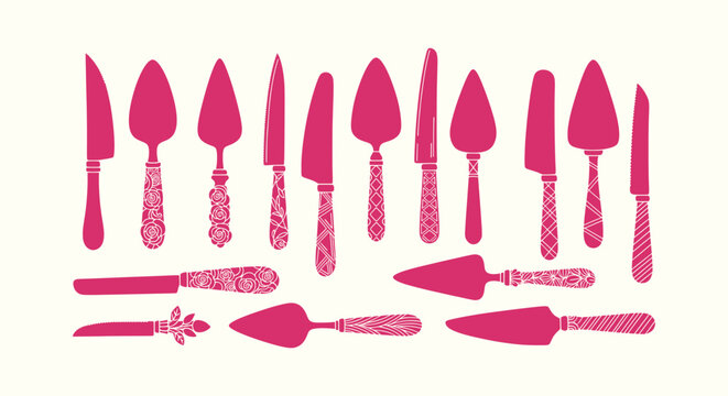 Ornate pink cake servers and knives collection with floral and geometric pattern handle silhouettes