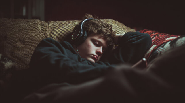 Teen with headphones on ignoring the outside world while lying on a couch ,depression, young men in his bed, teen watching in his phone in the dark, teen hiding his head under the