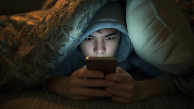 Teen hiding beneath a blanket while ignoring notifications on his phone ,depression, young men in his bed, teen watching in his phone in the dark, teen hiding his head under the pi