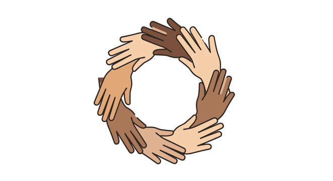 Diverse hands joined in unity circle.