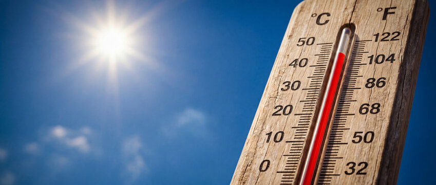 Summer heat wave, high temperature on outdoor thermometer under scorching sun. Hot weather, global warming
