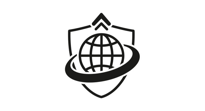 Globe with shield and ring symbol.