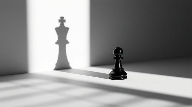 Black chess pawn casting a shadow of a king on a white wall symbolizing leadership and potential.
