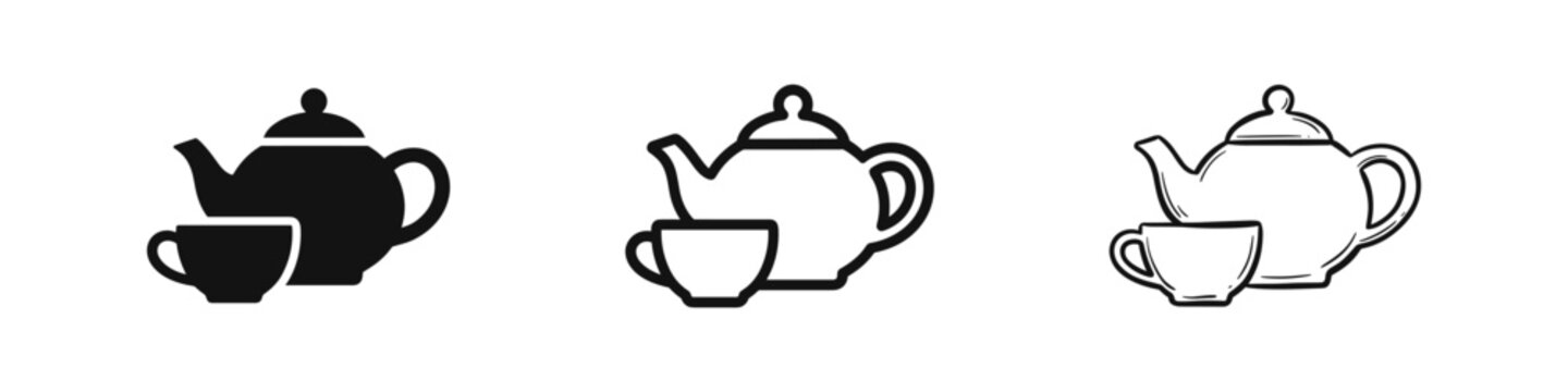 Teapot and Teacup Icon Set - Solid, Outline, and Hand-Drawn Beverage Styles