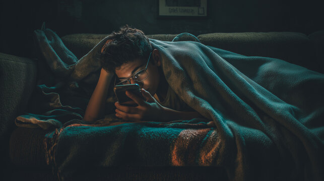 Teen hiding beneath a blanket while ignoring notifications on his phone ,depression, young men in his bed, teen watching in his phone in the dark, teen hiding his head under the pi