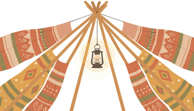 Decorative teepee tent structure with wooden poles and patterned fabric featuring a hanging lantern for a cozy indoor camping or glamping play area.