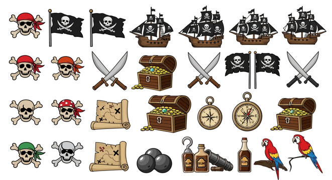 Pirate symbols and treasure icons.