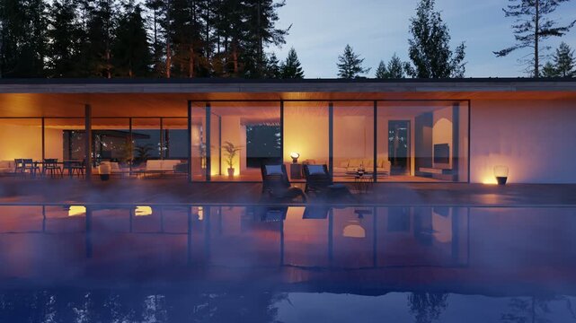 3D Animation of a flat roof bungalow with swimming pool covered by steam fog in the morning light
