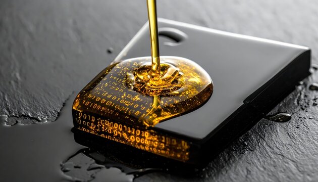 Viscous molten gold liquid with glowing binary code pours onto a dark sleek hexagonal block, presenting an abstract digital concept in a cinematic widescreen banner.