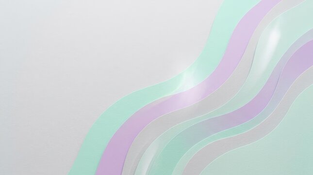 Abstract 3d background with flowing pastel waves in mint green and lavender on a clean white surface.