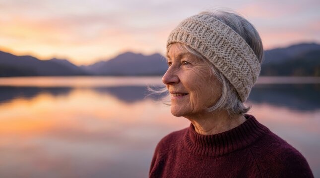 A peaceful senior woman enjoys a quiet moment of reflection by a mountain lake during a beautiful sunset.