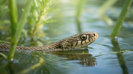 Fototapeta premium A grass snake swimming through calm water in a natural pond habitat surrounded by green reeds.