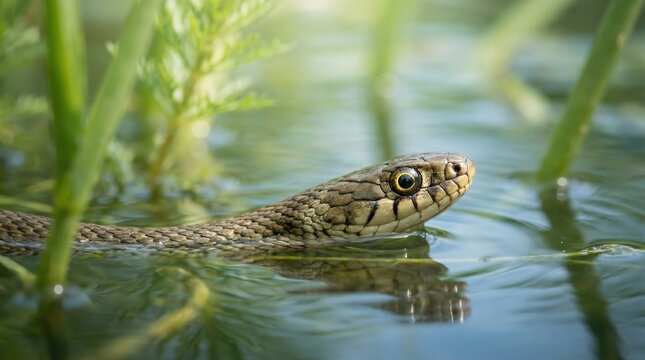 A grass snake swimming through calm water in a natural pond habitat surrounded by green reeds.