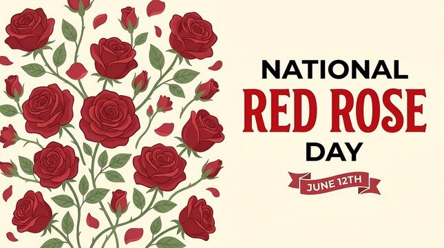 National red rose day banner with red roses, green leaves, petals, and a ribbon label dated for june 12th event