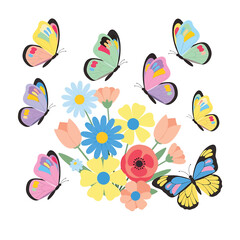 Colorful Butterflies Flying Around Flowers. © indah
