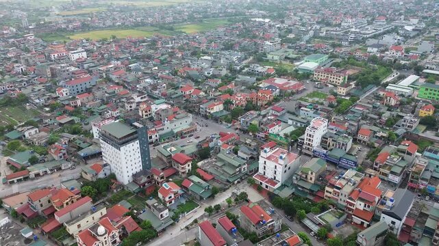 aerial view of the city crane down intersection Mao Khe street