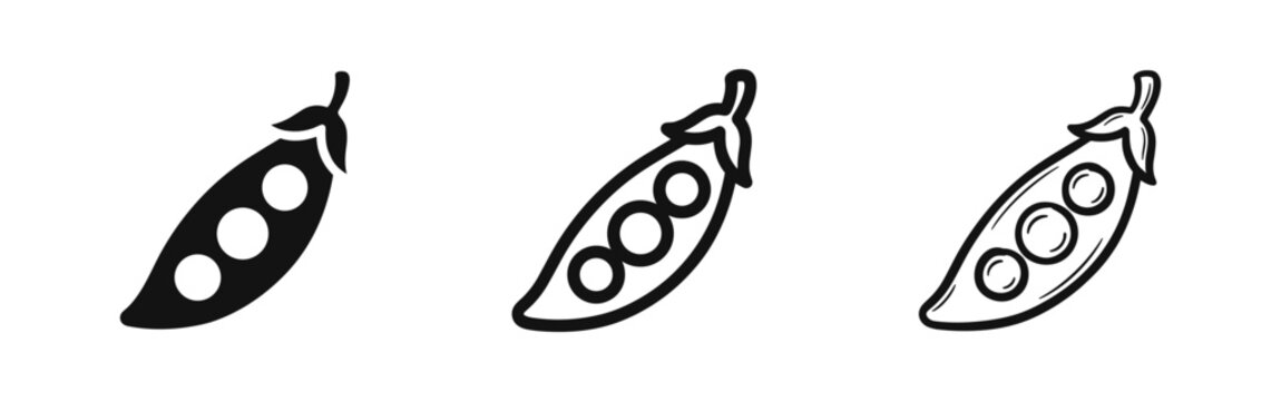 Green pea pod icon set in flat, outline, and artistic sketch styles for vegetable and healthy food design.