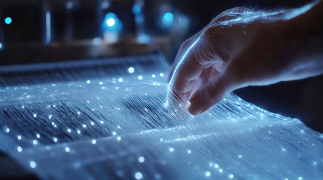 Futuristic smart fabric being woven, glowing threads and dynamic patterns, high-tech materials and innovative design