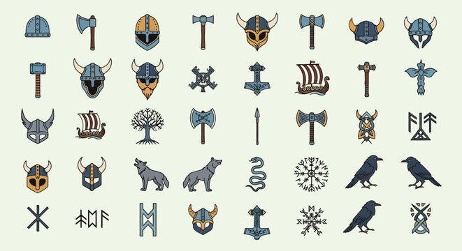 Viking helmets and weapons icons set.