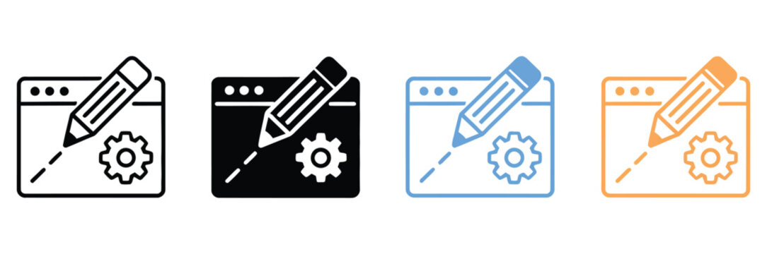Website development content editing and platform configuration process icon representing web design coding publishing and digital workflow management in modern vector illustration style