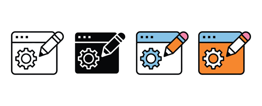 Website development content editing and platform configuration process icon showing digital production steps interface setup optimization and online publishing workflow in clean vector design