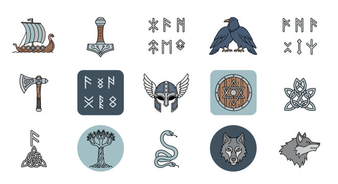 Viking Norse Mythology Symbols Icons.