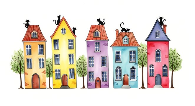 Whimsical Watercolor Houses with Cats - A Colorful Village Scene.
