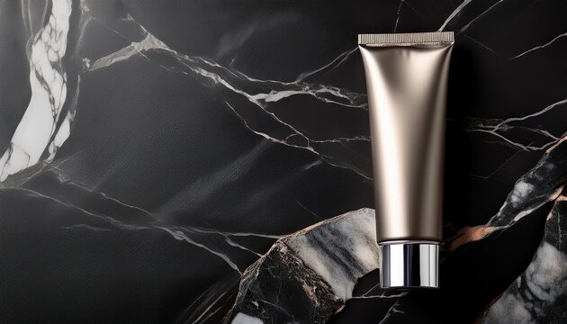 Tubo Cosmetico Metallico Premium Su Marmo Nero Lucido