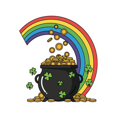 Black Pot of Gold Coins Rainbow. © bibit