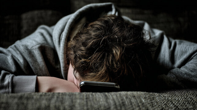 Teenager lying face down on the sofa after a difficult day ,depression, young men in his bed, teen watching in his phone in the dark, teen hiding his head under the pillow, teen li