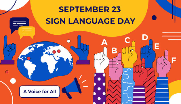 Sign language day, awareness vector graphics, September 23, communication icons, deaf community symbols