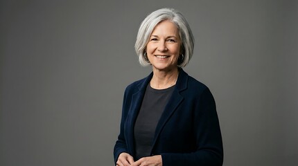 Fototapeta premium Portrait of a smiling senior businesswoman with styled silver bob hair wearing a blue blazer, posing against a neutral grey background
