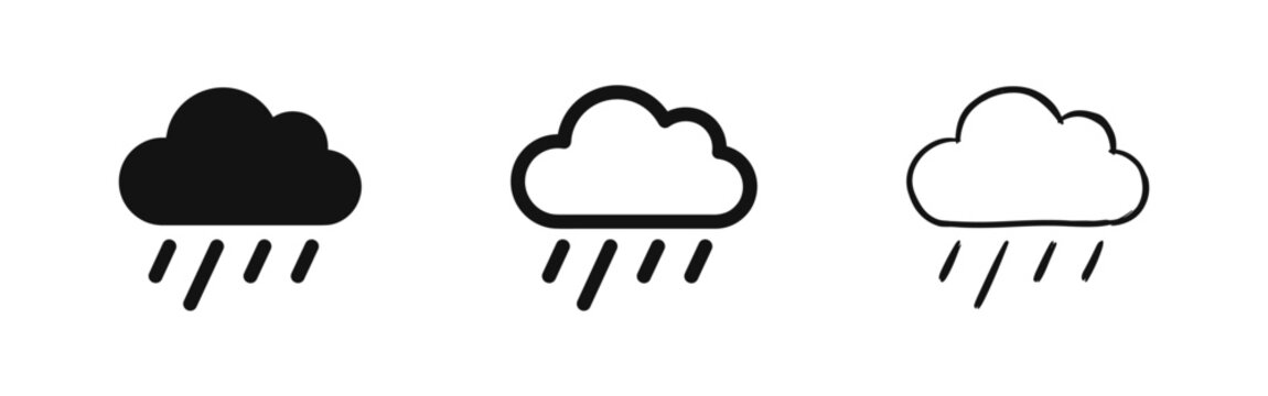 Rain cloud icon set in flat, outline, and doodle styles for weather forecast and nature design