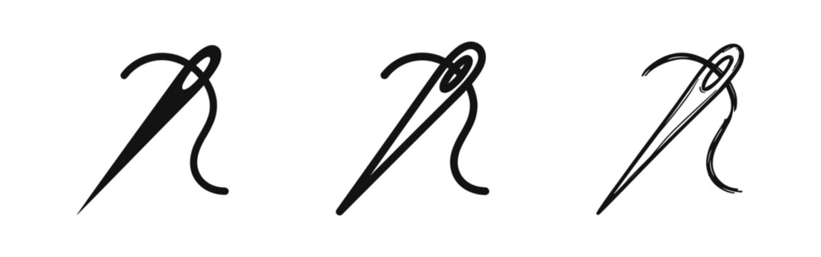 Sewing needle and thread icon set in flat, outline, and hand-drawn styles for craft and tailoring