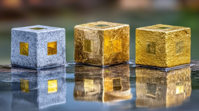Abstract sunrise reflection on polished stone monument cubes with metallic finishes