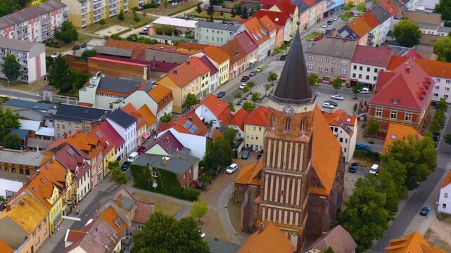 Aerial view of the church tower in the city Calau in eastern Germany on a sunny day in summer.