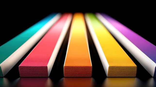 Colorful parallel wooden bars glowing on black background with glossy texture and neon lighting