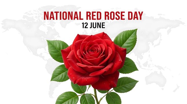 National red rose day poster featuring a red rose and a faint map background, dated for the, 12th of june