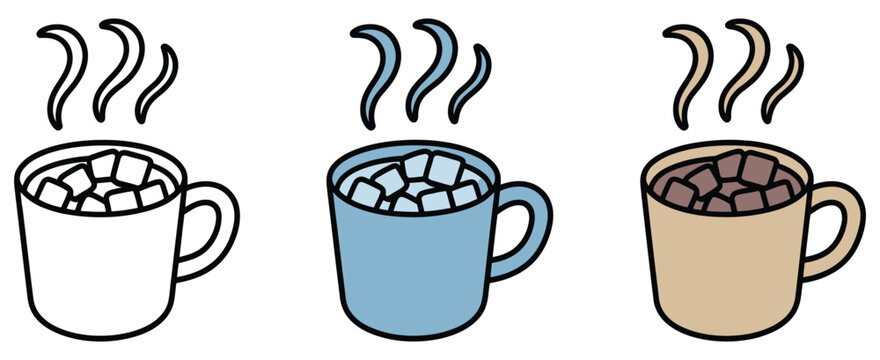 Coffee cups featuring steaming hot drinks in white, blue, and beige colors against highlighting caf&eacute; and refreshment concepts.
