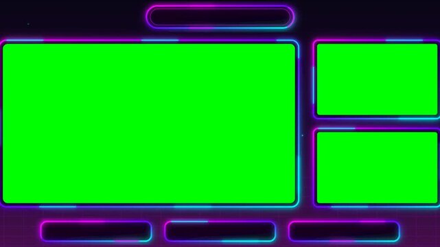Neon Cyberpunk Stream Overlay Template with Green Screen Chroma Key Windows.