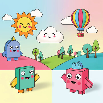 Colorful cartoon cube characters smiling faces.