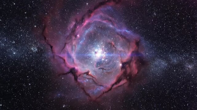 Deep space view of a vibrant pink and purple nebula with swirling cosmic gas clouds and dark dust lanes surrounding a luminous central star cluster in a dense starry field.
