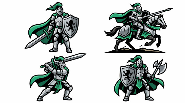 Medieval Knights in Armor, One on Horseback with Lance, Others with Sword and Axe, Flat Vector Illustration Style